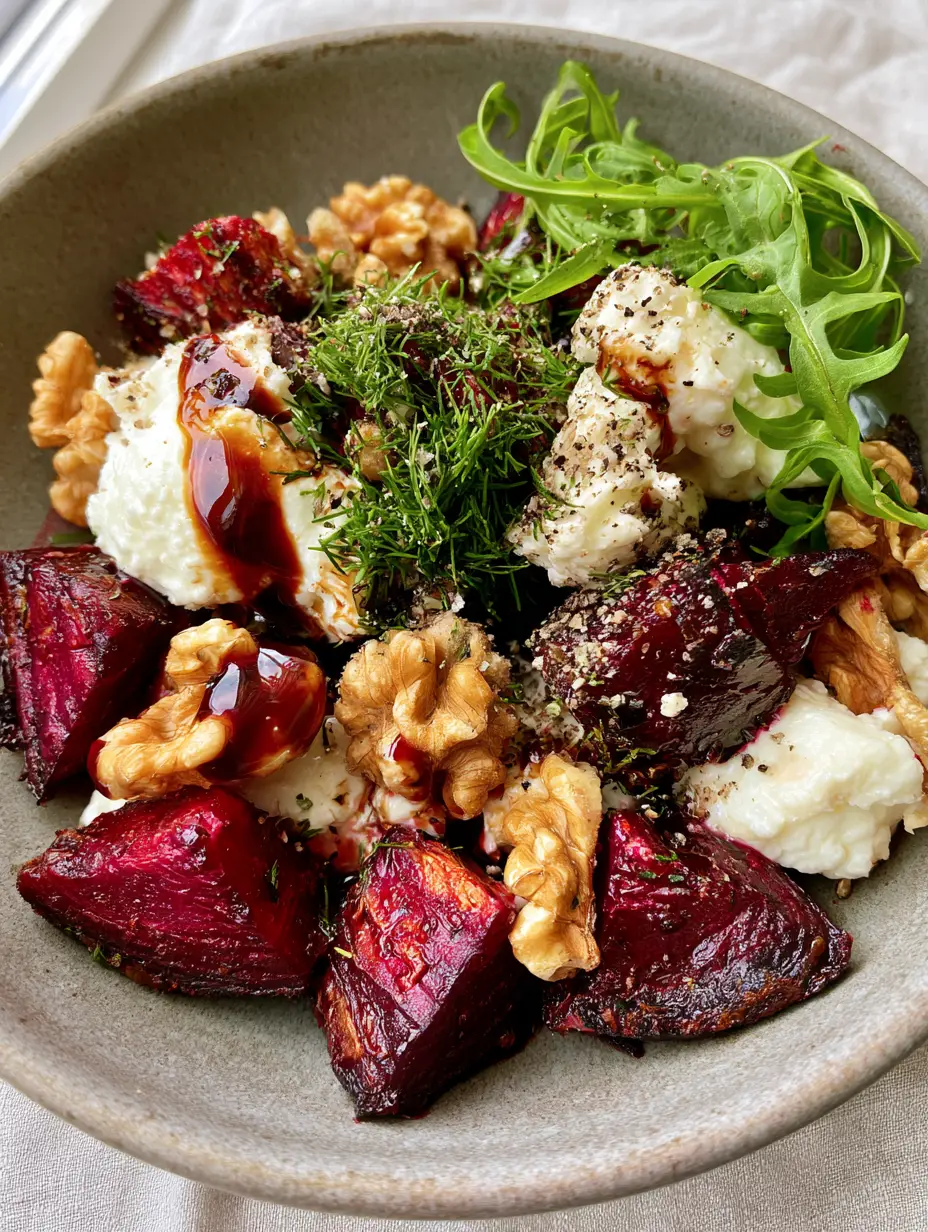 Beetroot Salad with Roasted Balsamic Glaze and Feta 4 Top-down view of a Beetroot Salad in a matte gray ceramic bowl with charred edges on roasted beets and fresh arugula.