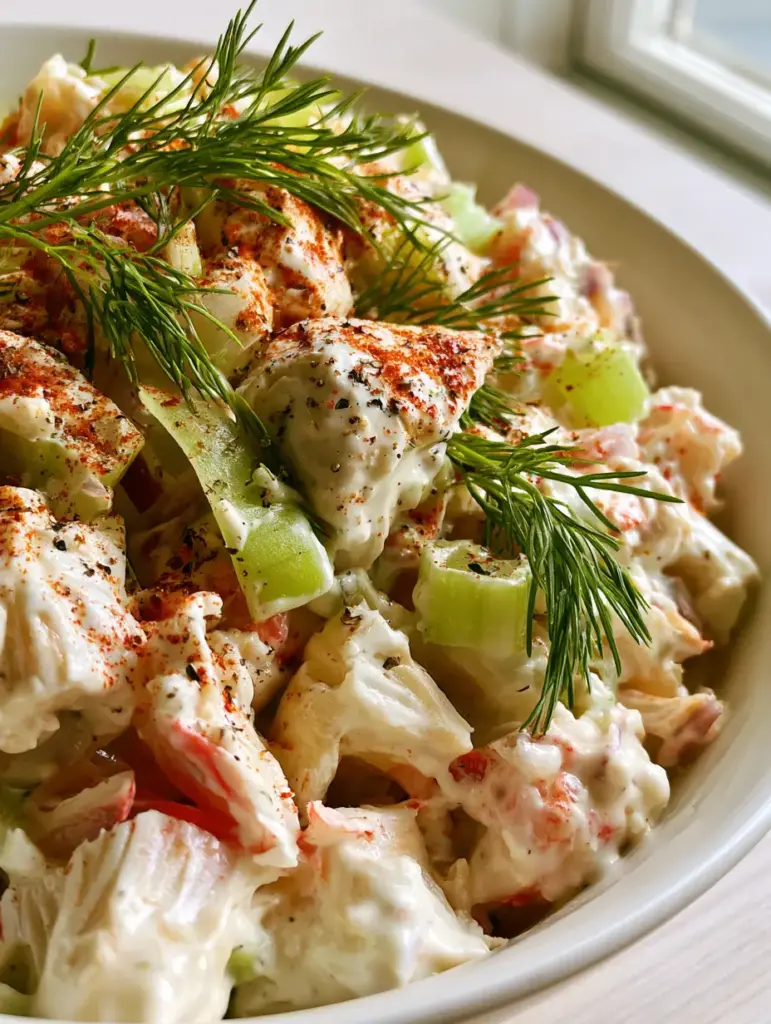 Seafood Salad with Creamy Dill and Smoked Paprika 2 Macro close up of chunky hand-torn imitation crab in a thick white dressing for seafood salad.