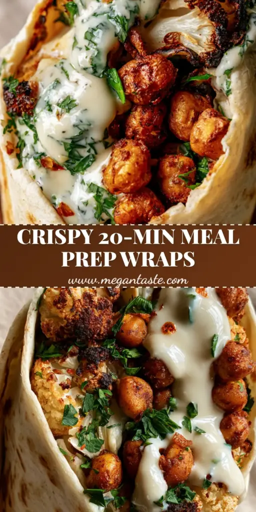Cauliflower chickpea wrap with Crispy Roasted Vegetables and Garlic Tahini 3 A handheld Cauliflower chickpea wrap showing charred florets, crispy chickpeas, and garlic tahini sauce drizzle.