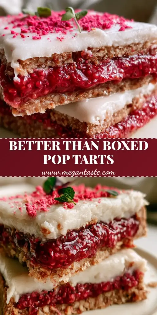 Raw Vegan Pop Tarts with Strawberry Chia Jam and Coconut Glaze 3 A stack of two rectangular raw vegan pop tarts with white coconut glaze and strawberry dust. (raw vegan pop tarts)