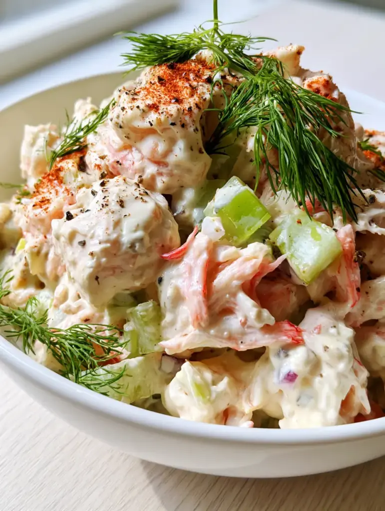 Seafood Salad with Creamy Dill and Smoked Paprika 1 Seafood salad served in a chilled white ceramic bowl with fresh dill and cracked pepper.
