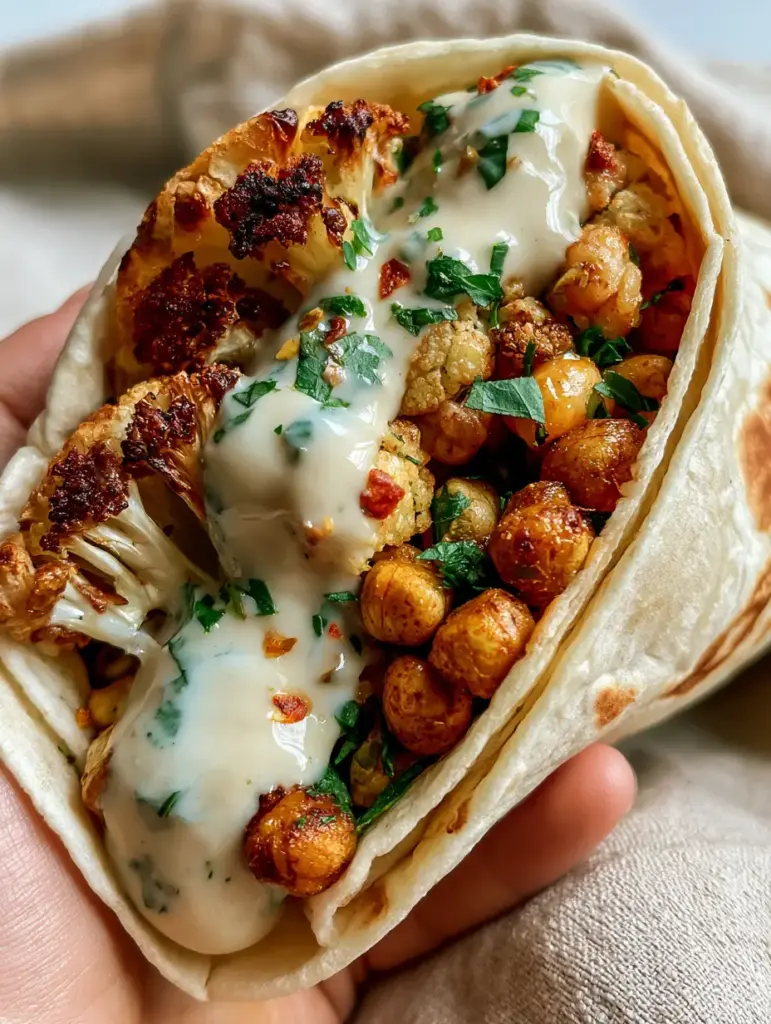 Cauliflower chickpea wrap with Crispy Roasted Vegetables and Garlic Tahini 2 Close up of a Cauliflower chickpea wrap with deeply browned roasted vegetables and fresh parsley.