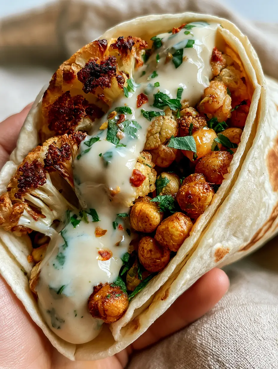 Cauliflower chickpea wrap with Crispy Roasted Vegetables and Garlic Tahini 4 Close up of a Cauliflower chickpea wrap with deeply browned roasted vegetables and fresh parsley.