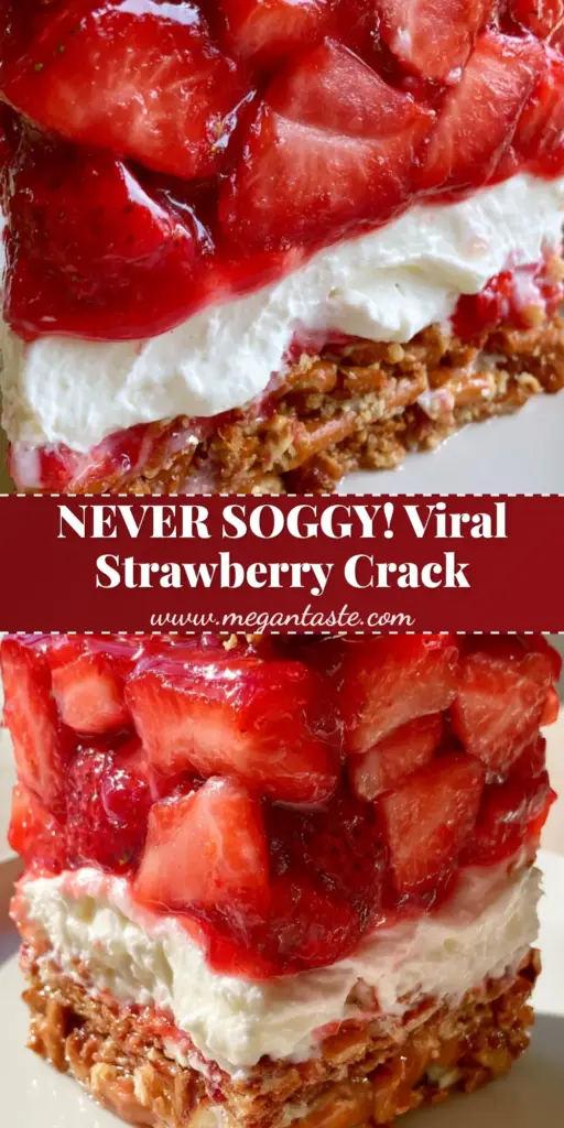 A tall vertical slice of strawberry crack pretzel salad showing distinct layers of toasted pretzels, white cream cheese, and ruby red strawberry gelatin.