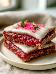 Macro shot showing the glistening crimson strawberry chia filling inside a raw vegan pop tart. (raw vegan pop tarts)