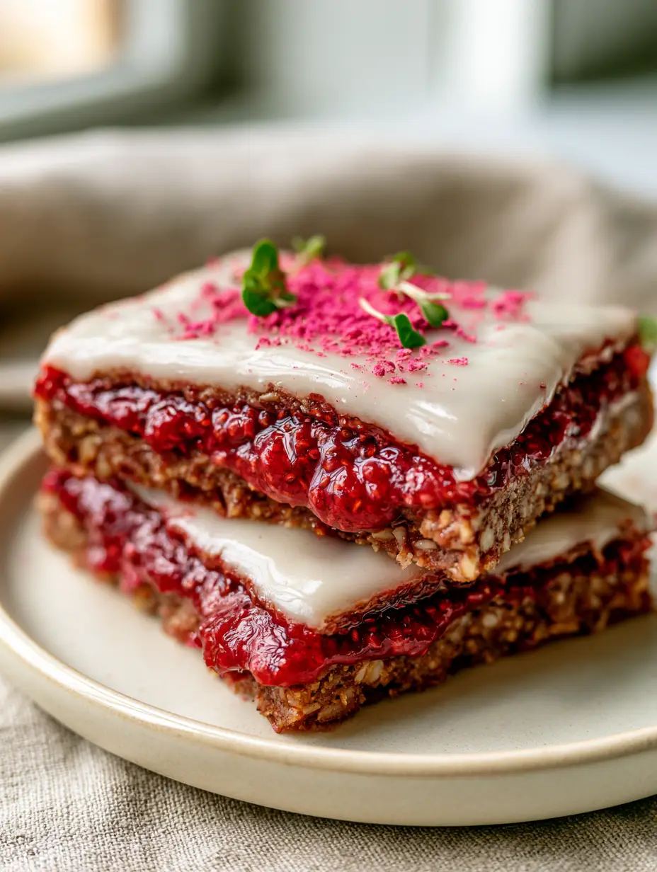 Raw Vegan Pop Tarts with Strawberry Chia Jam and Coconut Glaze 4 Macro shot showing the glistening crimson strawberry chia filling inside a raw vegan pop tart. (raw vegan pop tarts)