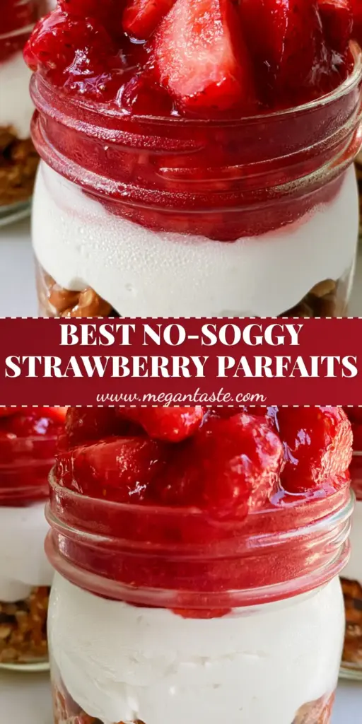 Three glass jars filled with layered Strawberry Pretzel Salad Parfaits showing a golden pretzel base, white cream, and ruby-red strawberries.