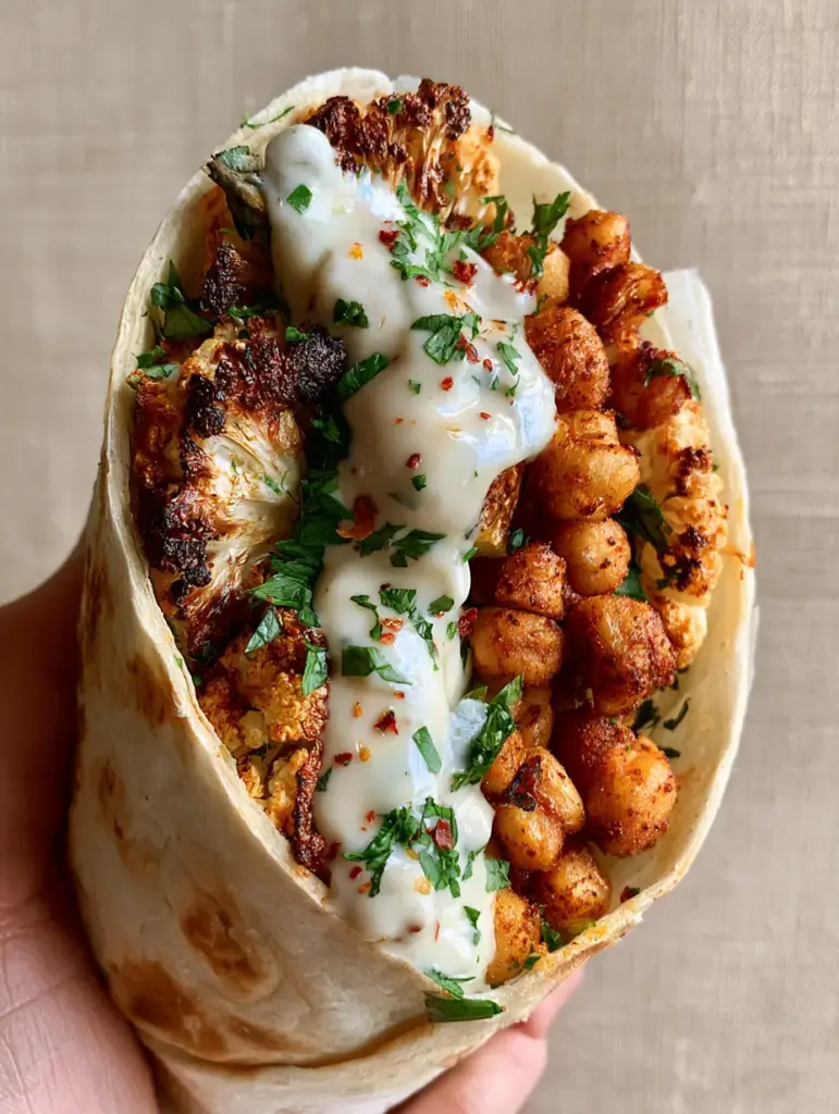 Cauliflower chickpea wrap with Crispy Roasted Vegetables and Garlic Tahini 1 Handheld smartphone photo of a Cauliflower chickpea wrap against a beige linen background.