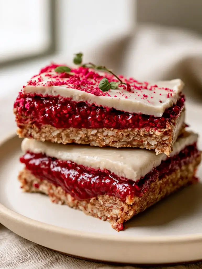 Raw Vegan Pop Tarts with Strawberry Chia Jam and Coconut Glaze 1 A close-up of the opaque white coconut butter glaze topped with freeze-dried strawberry dust and micro-mint.