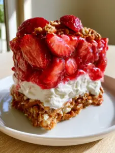 Side view of strawberry crack pretzel salad with a thick pretzel base and fresh strawberry chunks in glaze.