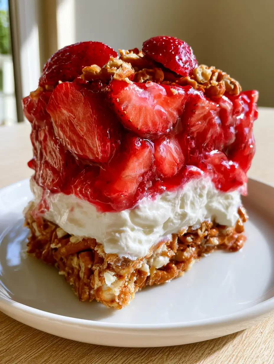 Side view of strawberry crack pretzel salad with a thick pretzel base and fresh strawberry chunks in glaze.