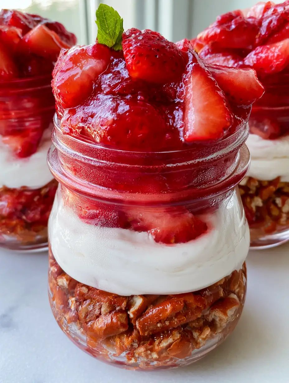 Side view of Strawberry Pretzel Salad Parfaits in jars featuring a thick golden crust and glossy fruit glaze.