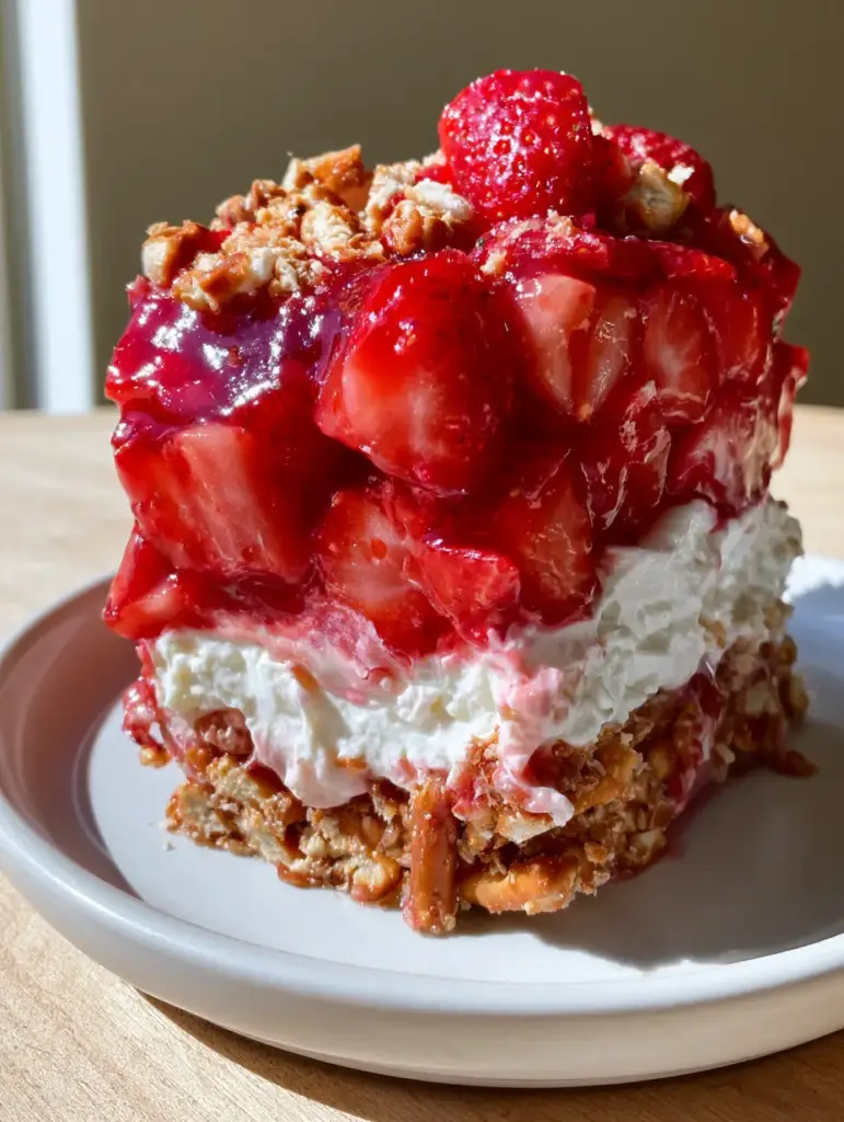 Close up of the glossy strawberry glaze and fresh fruit topping of the strawberry crack pretzel salad.