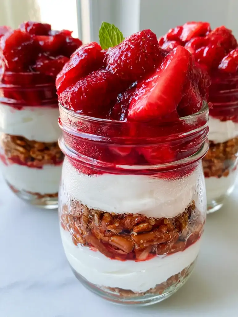 Close-up of the glossy strawberry compote topping on Strawberry Pretzel Salad Parfaits.