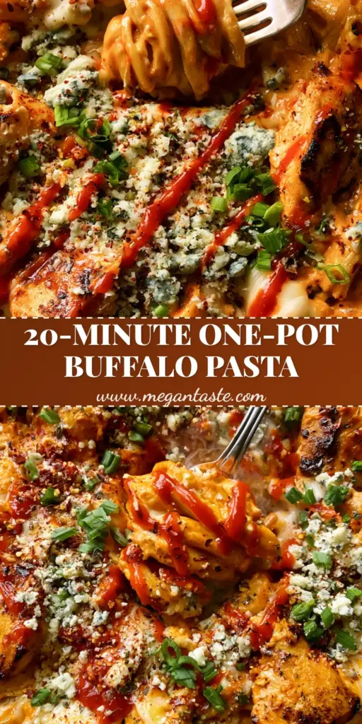Buffalo Chicken Alfredo Pasta: The Ultimate Creamy & Spicy Skillet Recipe 3 Overhead shot of buffalo chicken alfredo pasta in a black skillet with a fork lifting cheesy noodles.