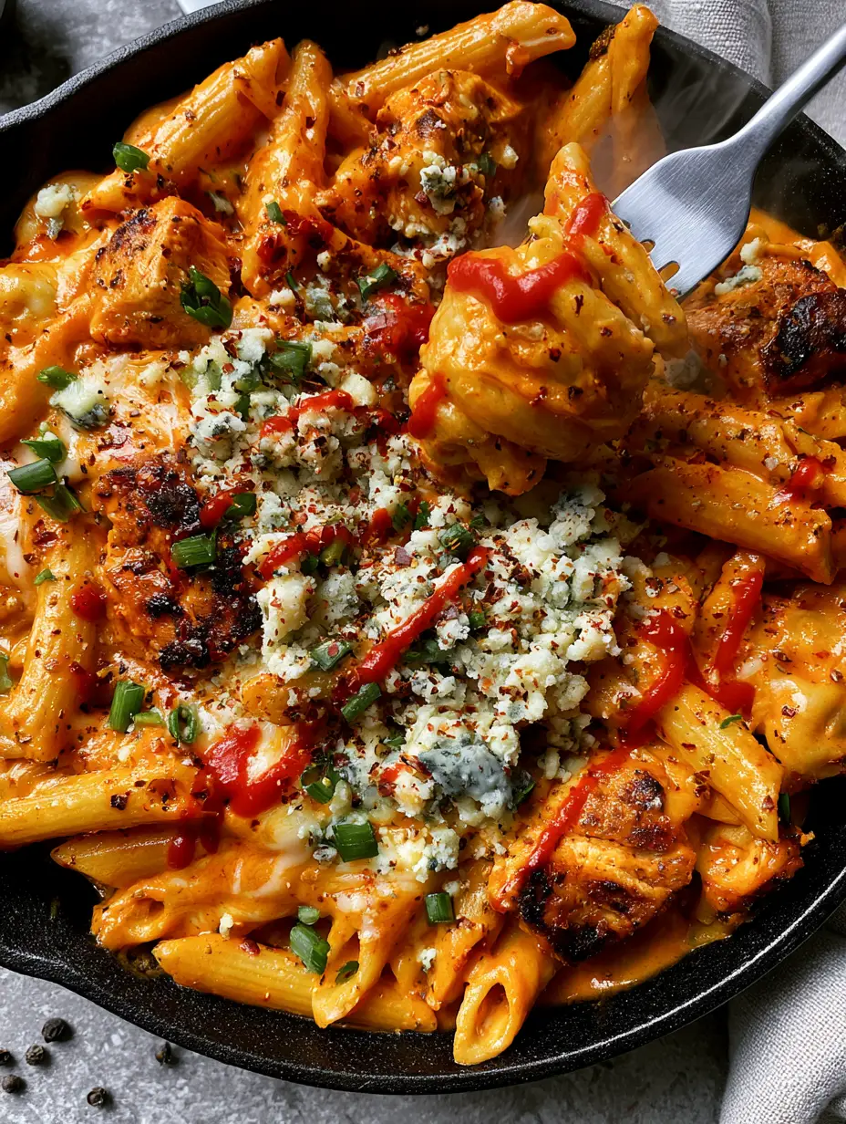 Buffalo Chicken Alfredo Pasta: The Ultimate Creamy & Spicy Skillet Recipe 4 Close up of glossy orange buffalo alfredo sauce coating penne pasta and charred chicken. (buffalo chicken alfredo pasta)