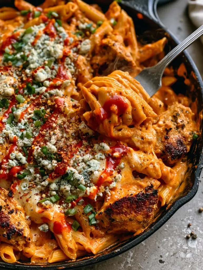Buffalo Chicken Alfredo Pasta: The Ultimate Creamy & Spicy Skillet Recipe 1 A rustic skillet filled with buffalo chicken alfredo pasta topped with green onions and red pepper flakes.