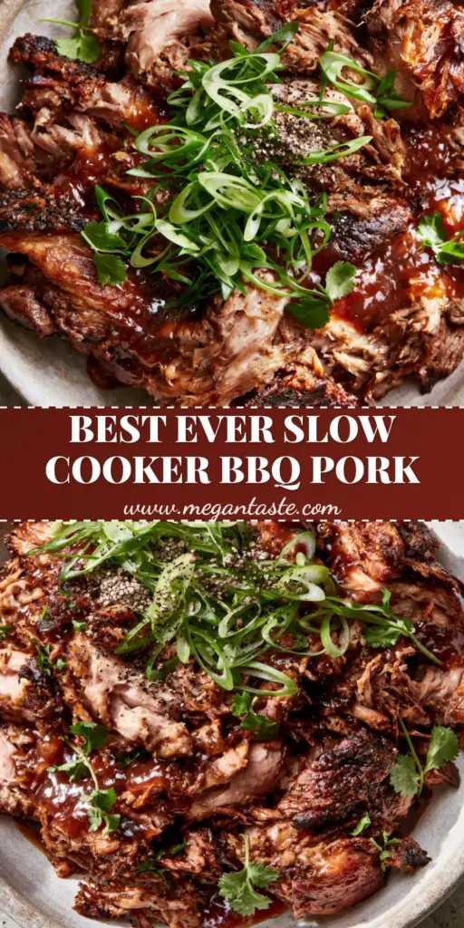 Slow Cooker BBQ Pulled Pork Sandwiches with Caramelized Bark 3 A top-down view of slow cooker bbq pulled pork sandwiches featuring shredded meat with caramelized bark and glossy sauce in a stone bowl.
