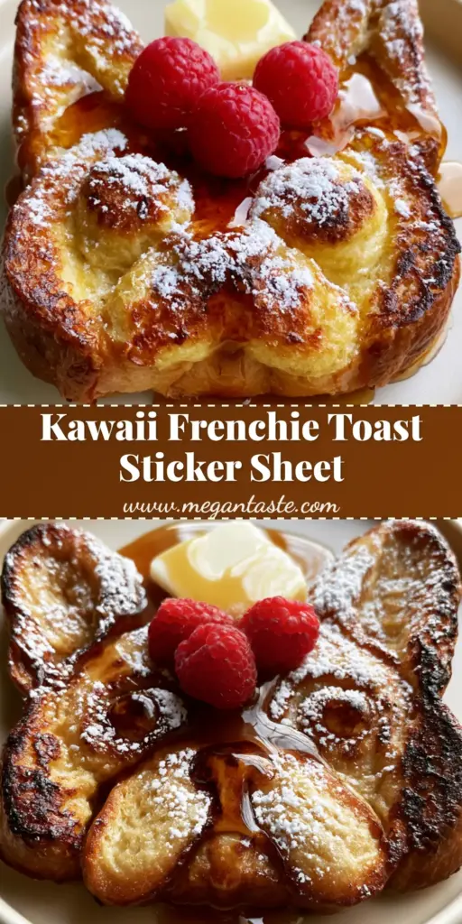 A vertical Pinterest pin showing a French Bulldog head silhouette made of French toast, matching the Frenchie Toast sticker sheet style.