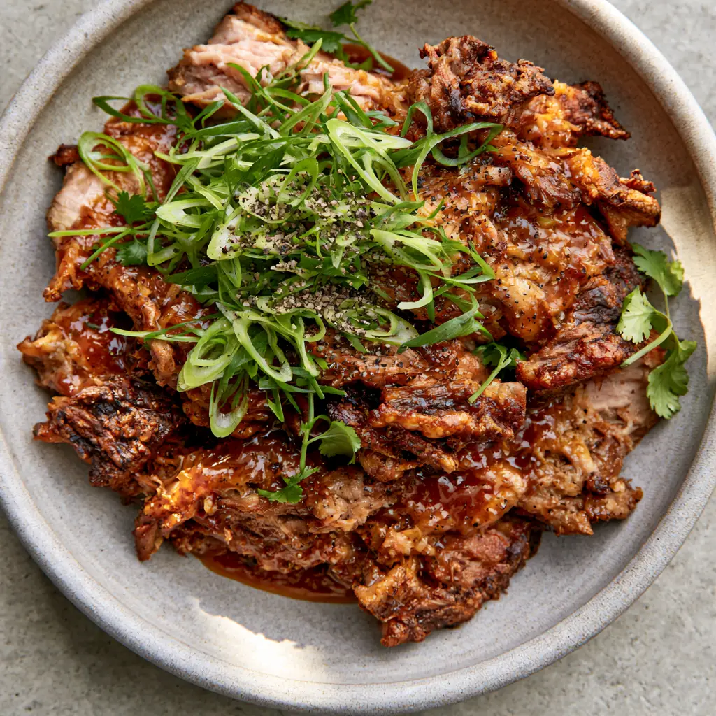 Slow Cooker BBQ Pulled Pork Sandwiches with Caramelized Bark 2 Macro shot of shredded pork shoulder with deep mahogany sauce and green scallion garnish. (slow cooker bbq pulled pork sandwiches)