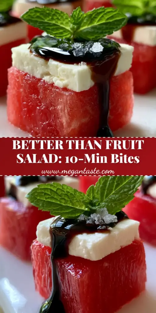 A close-up vertical shot of gourmet watermelon canapes with feta and balsamic glaze on a marble slab. (watermelon canapes)