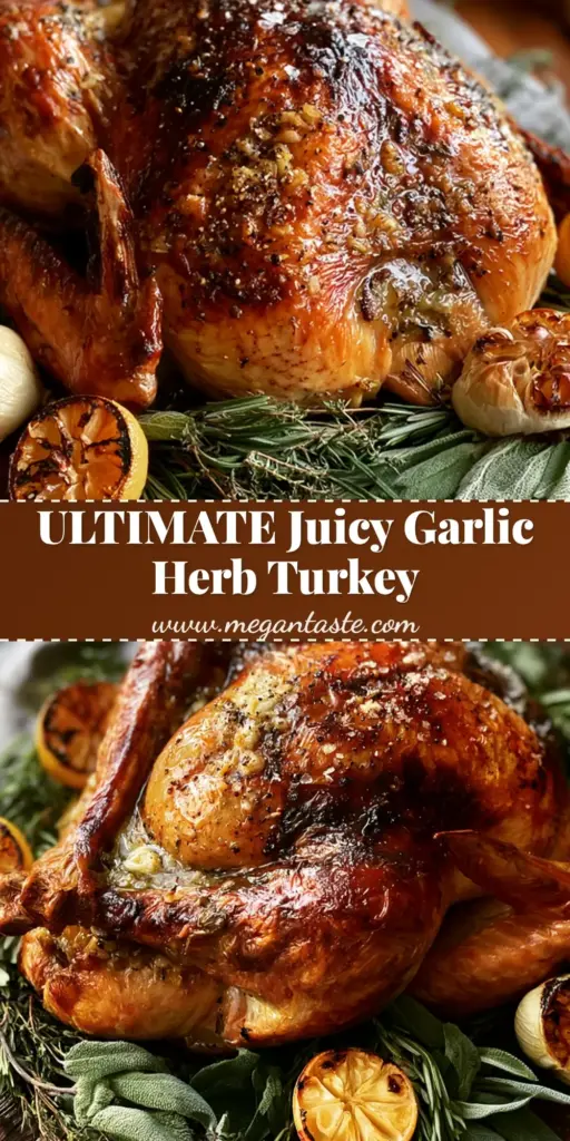 Garlic Herb Butter Roast Turkey with Mahogany Crispy Skin 4 A whole Garlic Herb Butter Roast Turkey with deep mahogany crispy skin resting on a rustic wood board surrounded by fresh herbs and charred lemons.