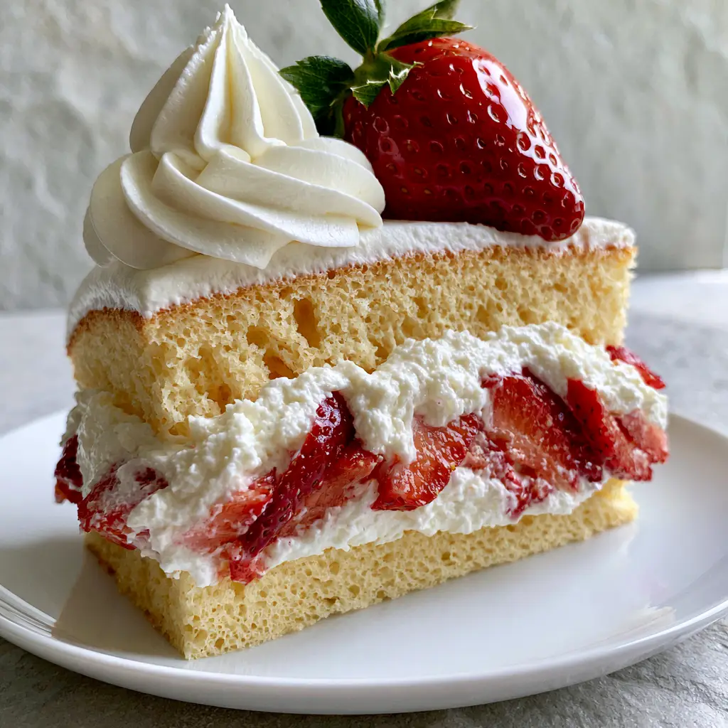 Japanese Strawberry Shortcake: The Ultimate Fluffy Sponge Cake Recipe 2 Close-up of Japanese Strawberry Shortcake layers showing the fine porous texture of the golden chiffon sponge.