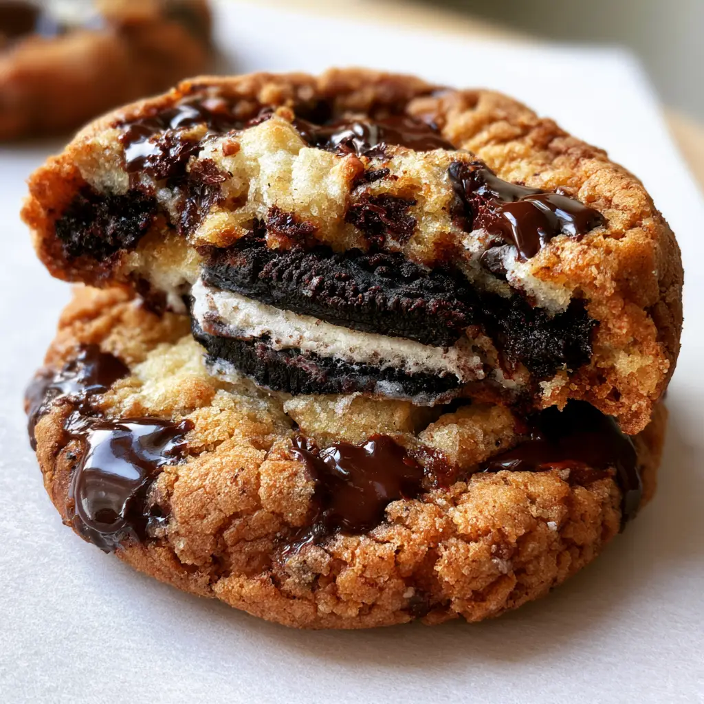 Oreo stuffed chocolate chip cookies: The Ultimate Viral Cookie Recipe 2 A giant, thick Oreo stuffed chocolate chip cookie broken in half, revealing a whole Oreo and melting white cream filling.