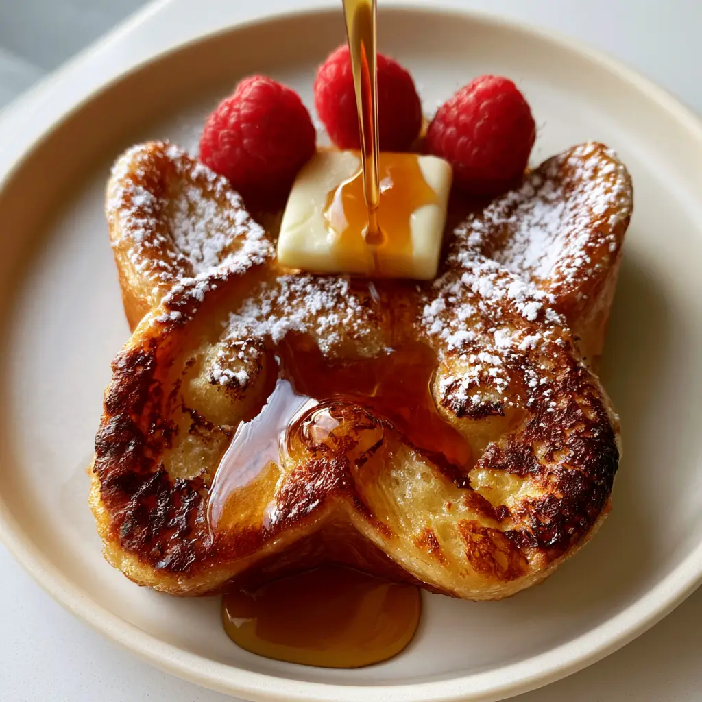 Side view of a thick-cut French Bulldog shaped toast with maple syrup cascading over the ears.