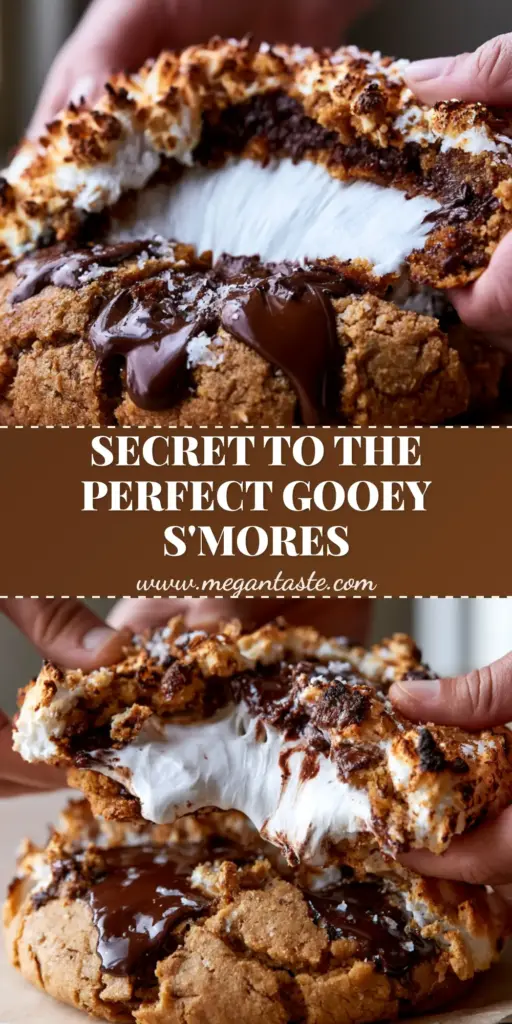 S’mores Cookies: The Ultimate Stuffed Bakery-Style Recipe 3 A close up vertical shot of giant S’mores Cookies on parchment paper with a thick marshmallow pull.
