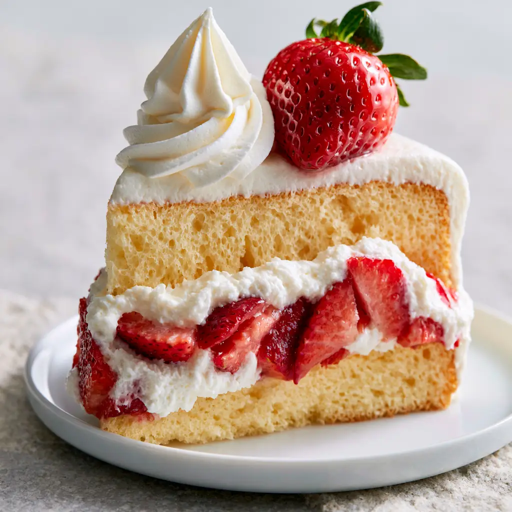 Japanese Strawberry Shortcake: The Ultimate Fluffy Sponge Cake Recipe 1 A single slice of Japanese Strawberry Shortcake with a decorative whipped cream swirl and glossy strawberry garnish.