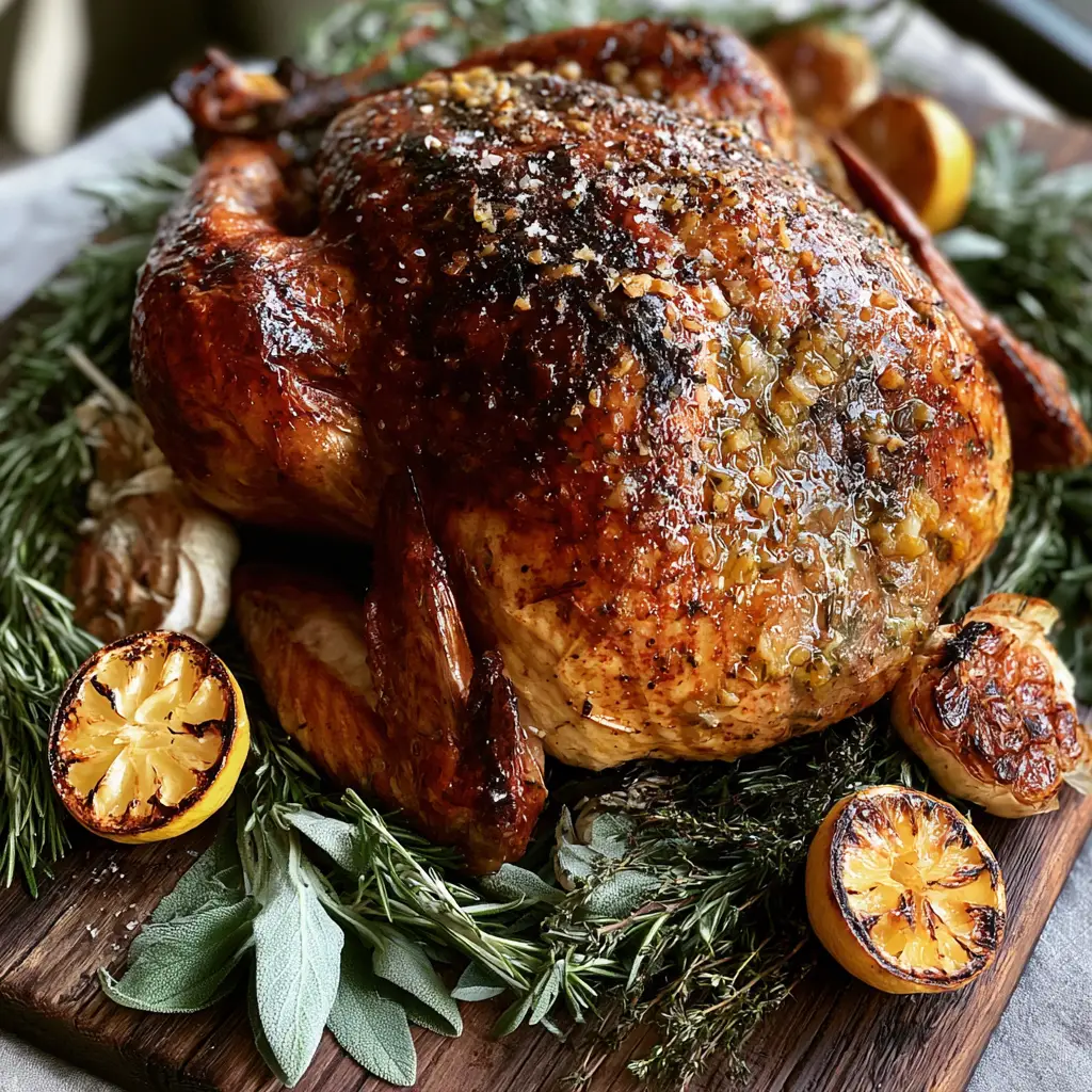 Garlic Herb Butter Roast Turkey with Mahogany Crispy Skin 2 Close up of the shimmering herb butter glaze and crispy mahogany skin on a Garlic Herb Butter Roast Turkey.