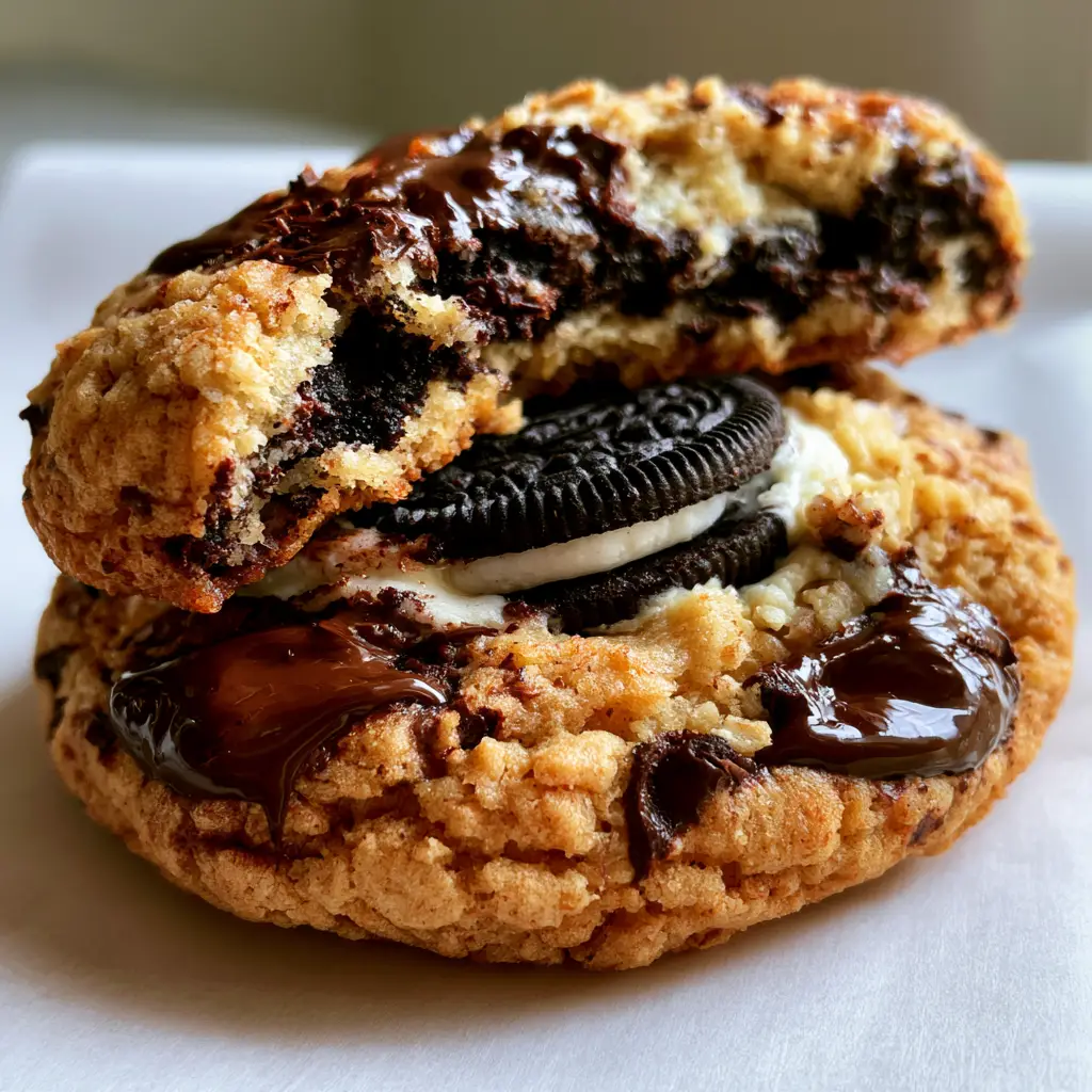 Oreo stuffed chocolate chip cookies: The Ultimate Viral Cookie Recipe 1 Close up of a freshly baked cookie on parchment paper with glistening pools of dark chocolate and flaky sea salt garnish.