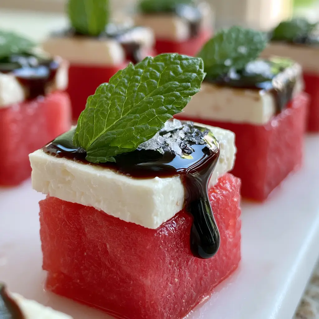 Wide angle view of watermelon canapes arranged on a clean white marble slab with natural window lighting.