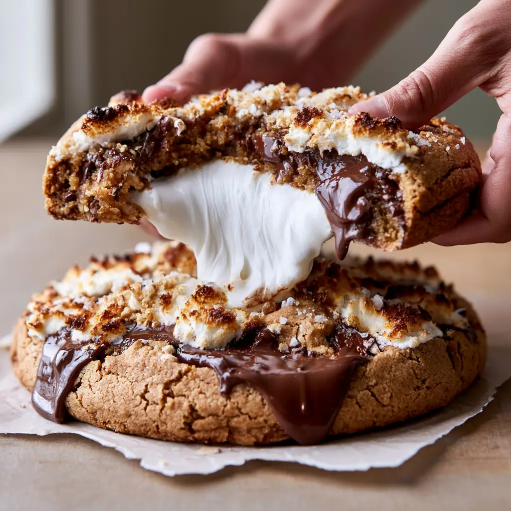 S’mores Cookies: The Ultimate Stuffed Bakery-Style Recipe 2 A pair of hands pulling apart a thick S’mores Cookie to reveal a stretchy white gooey marshmallow center.
