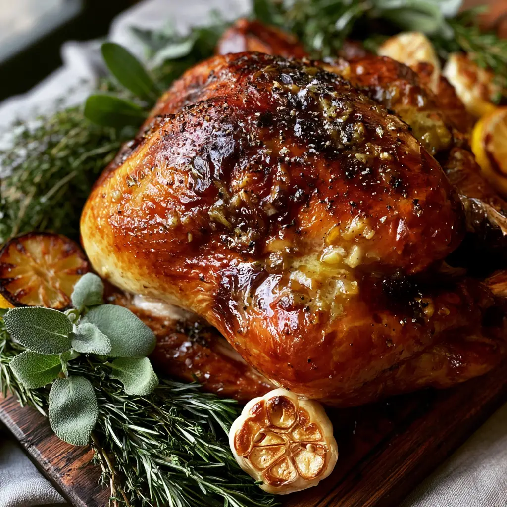 Garlic Herb Butter Roast Turkey with Mahogany Crispy Skin 1 A Garlic Herb Butter Roast Turkey presented with charred lemons and whole roasted garlic bulbs on a dark wood board.