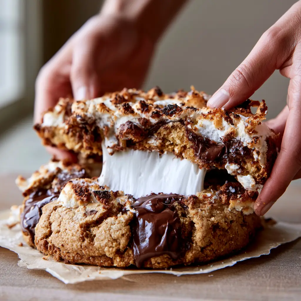 S’mores Cookies: The Ultimate Stuffed Bakery-Style Recipe 1 Close up of S’mores Cookies with melted dark chocolate chunks and charred marshmallow bits on a wooden table.