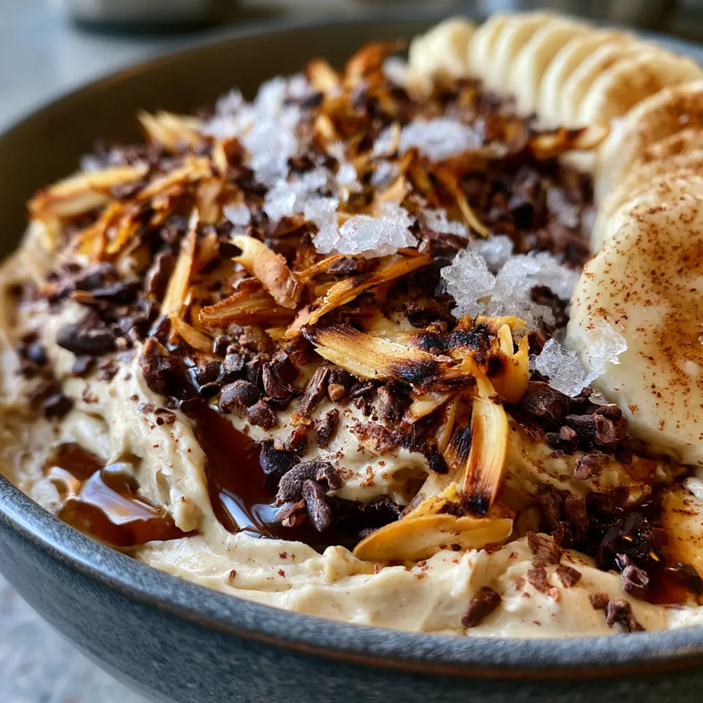 A handheld smartphone photo of an almond butter yogurt bowl, the perfect choice for healthy midnight snacks.