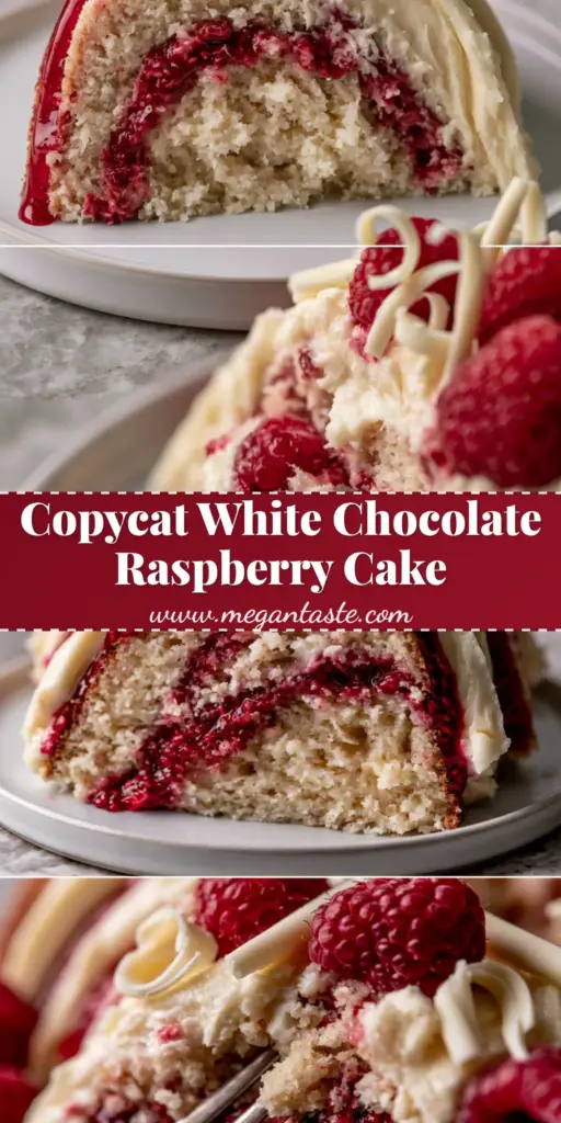 White Chocolate Raspberry Dream Cake: The Ultimate Moist Bundt Recipe 4 A tall slice of White Chocolate Raspberry Dream Cake on a white plate, showing the thick red raspberry glaze and white chocolate shavings.