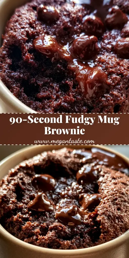 A macro shot of a fudgy microwave brownie inside a matte ceramic mug with a molten center and glistening chocolate glaze.