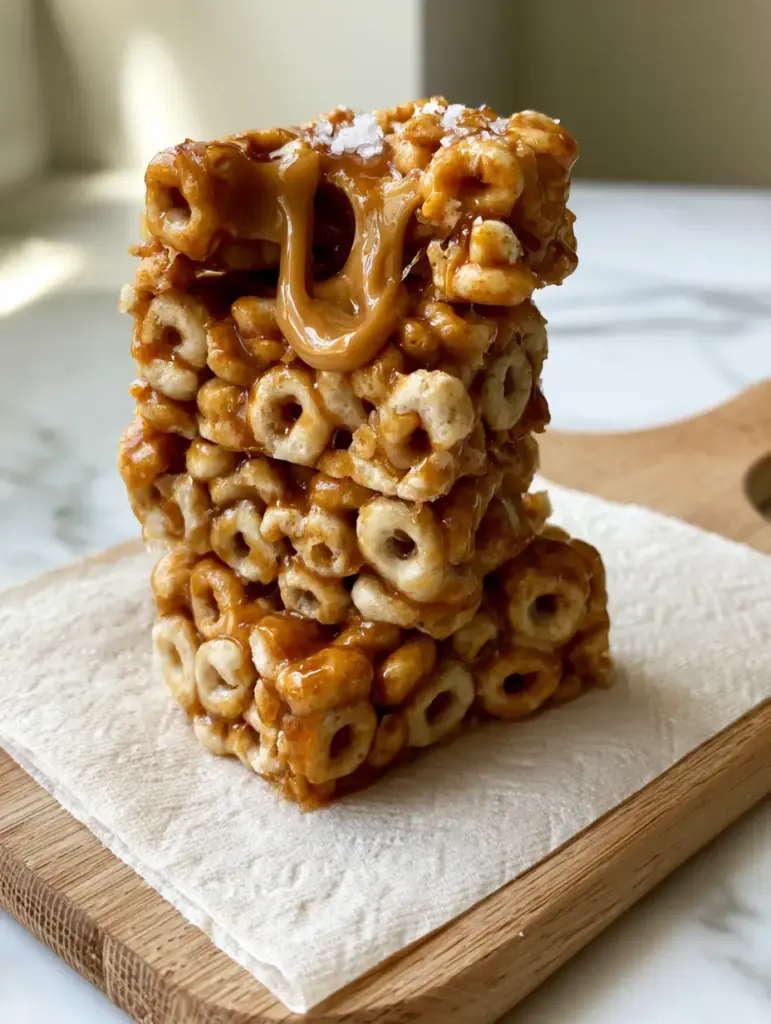Peanut Butter Cheerio Bars: The Ultimate Gooey No-Bake Snack 2 Smartphone photo of thick Peanut Butter Cheerio Bars showing a gooey texture and glossy glaze on a marble countertop.