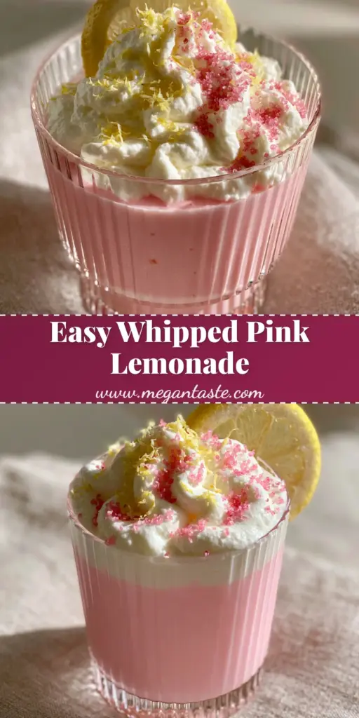 Whipped Pink Lemonade: The Ultimate Viral Summer Drink Recipe 4 A tall ribbed glass filled with pastel-pink lemonade and a thick swirl of white whipped cream, garnished with a lemon wheel and pink sugar. (Whipped Pink Lemonade)
