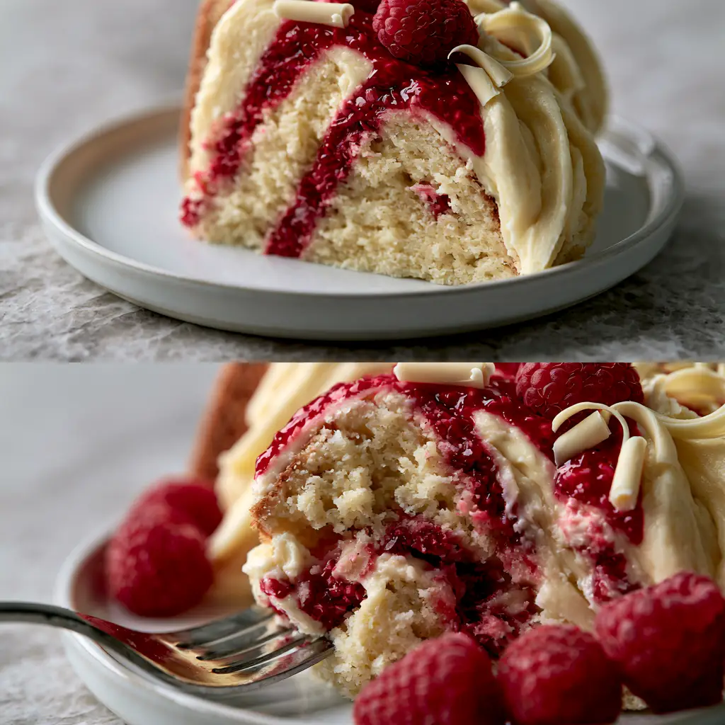 White Chocolate Raspberry Dream Cake: The Ultimate Moist Bundt Recipe 2 Macro close-up of White Chocolate Raspberry Dream Cake slice with crimson glaze and white chocolate cream cheese frosting.