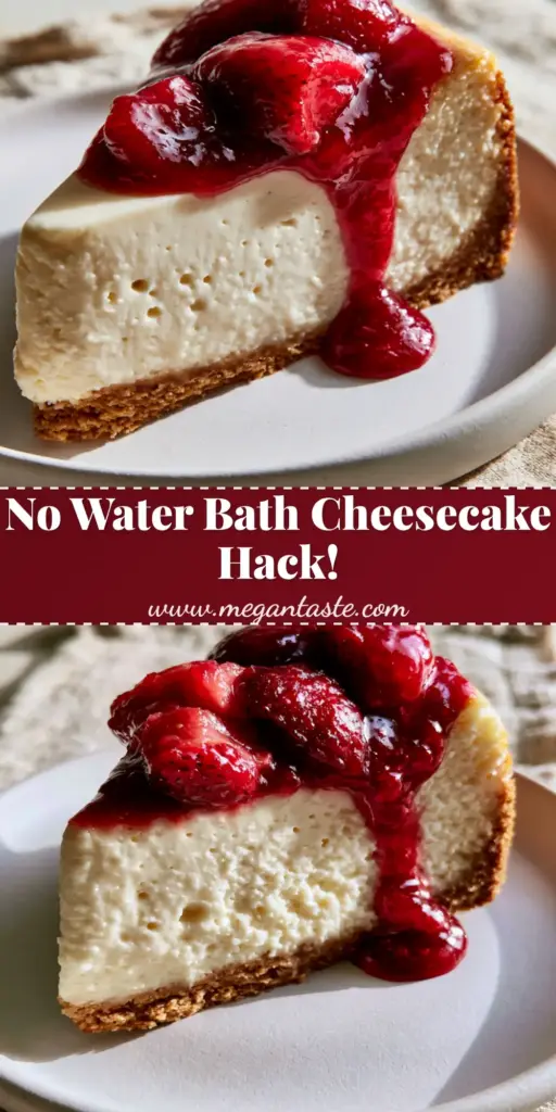 New York Cheesecake Recipe with Glossy Strawberry Compote 4 A tall slice of New York cheesecake with thick strawberry compote cascading down the side on a white plate. (New York cheesecake recipe)