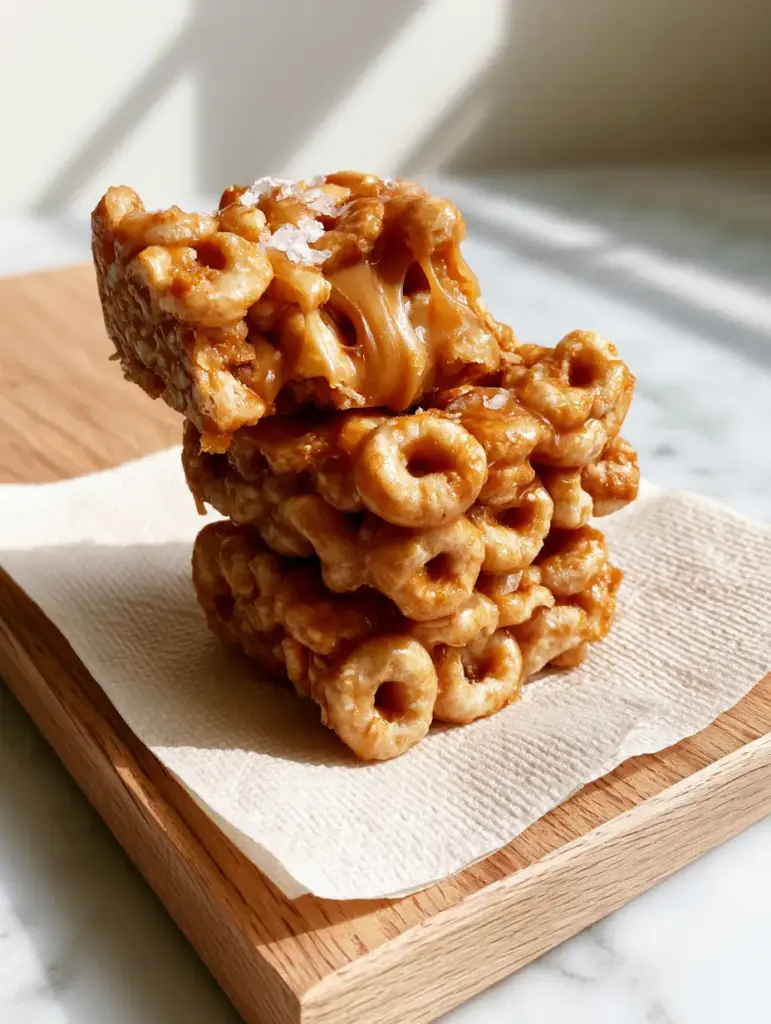 Peanut Butter Cheerio Bars: The Ultimate Gooey No-Bake Snack 1 Top view of Peanut Butter Cheerio Bars resting on a light oak cutting board with sun-drenched lighting.