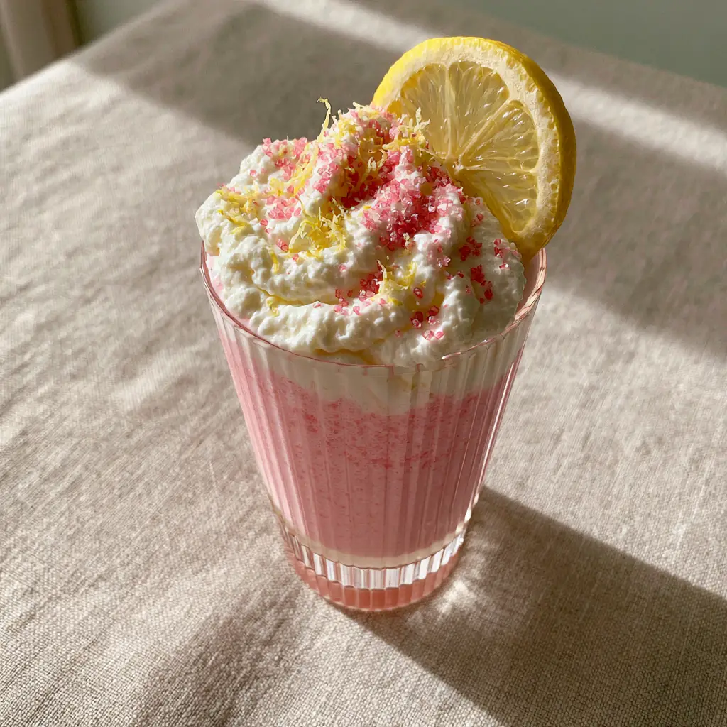 Close up handheld photo of a layered Whipped Pink Lemonade in a ribbed glass on linen. (Whipped Pink Lemonade)