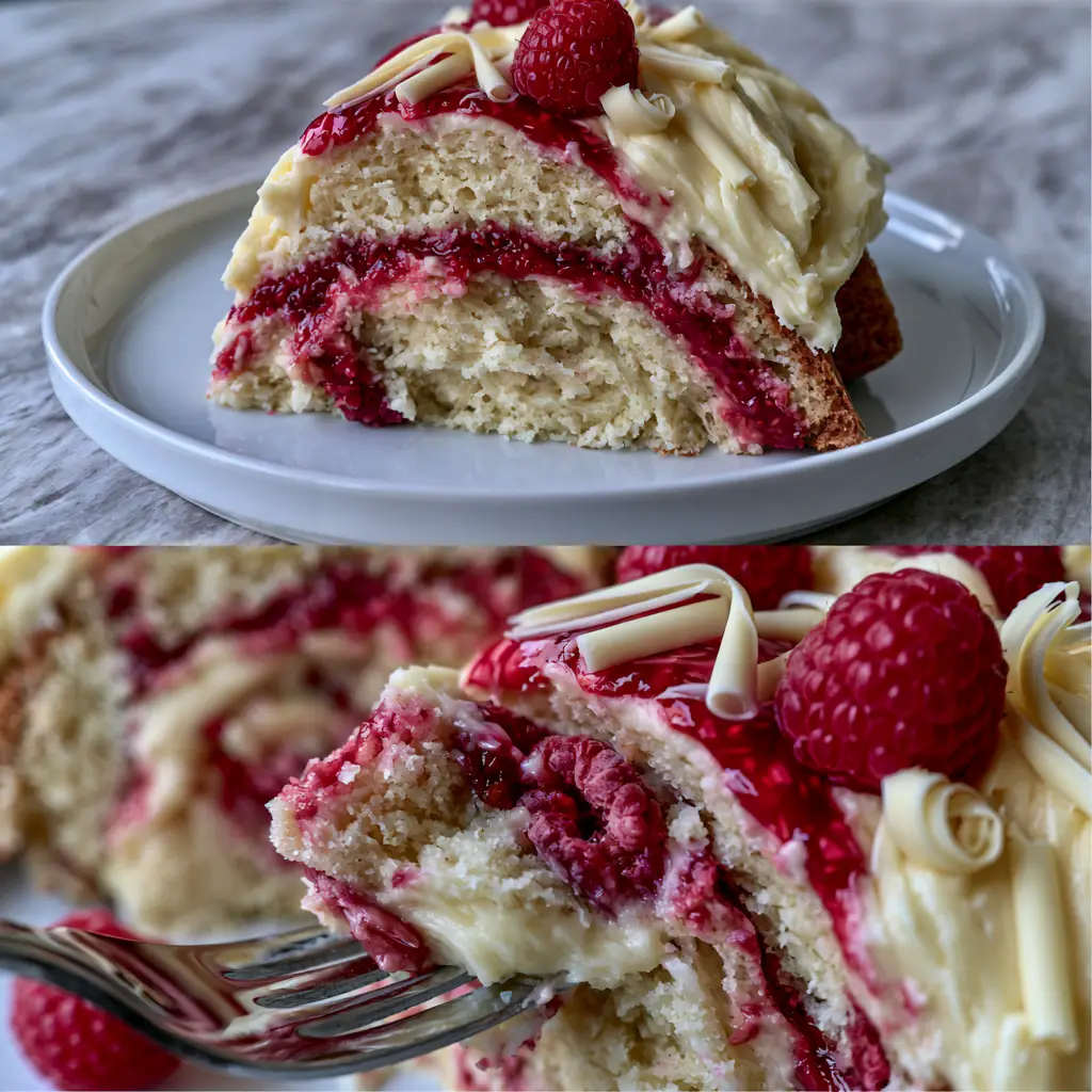 White Chocolate Raspberry Dream Cake: The Ultimate Moist Bundt Recipe 1 Close-up of a fork piercing a moist White Chocolate Raspberry Dream Cake with thick layers of frosting.