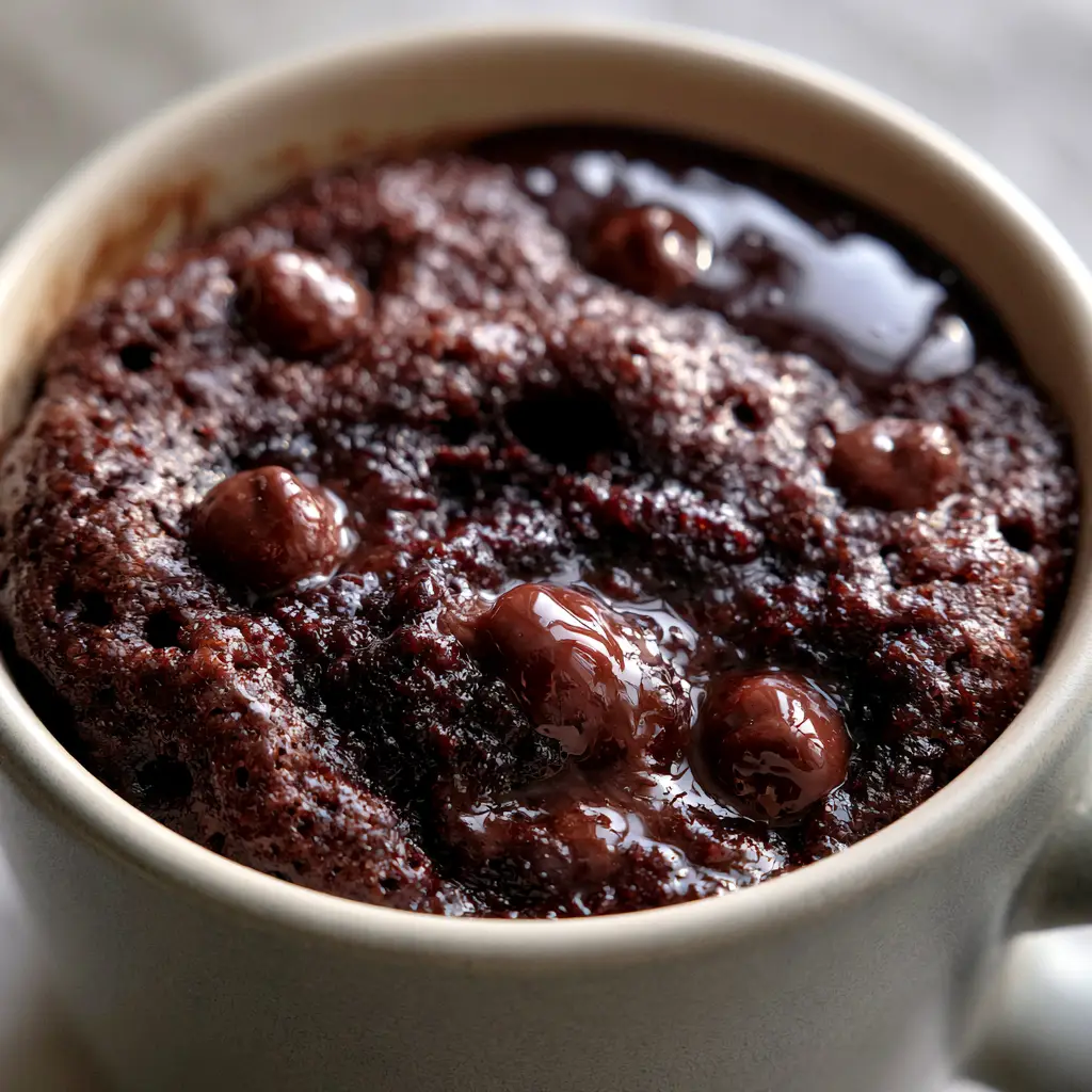 Overhead view of a microwave brownie with a glossy chocolate glaze pooling on top inside a matte mug.