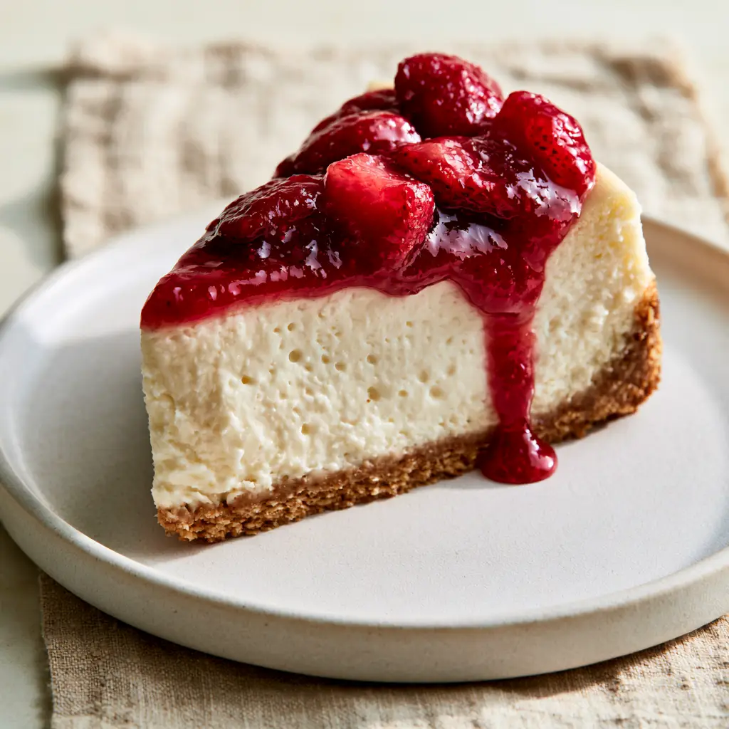 New York Cheesecake Recipe with Glossy Strawberry Compote 2 Close-up of classic New York cheesecake slice showing the air pocket textures and thick graham cracker crust. (New York cheesecake recipe)