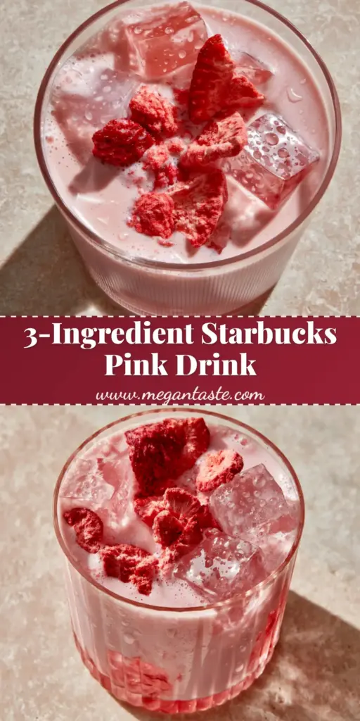 Starbucks Pink Drink Copycat: The Ultimate Creamy Strawberry Refresher 3 A refreshing Starbucks Pink Drink in a ribbed glass tumbler with freeze-dried strawberries and square ice cubes on a travertine surface.
